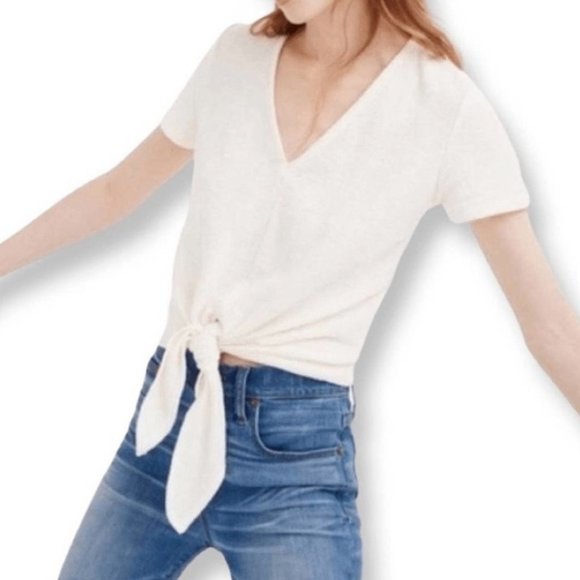 Madewell texture & thread style # j8537 100% cotton cream tie front tee shirt Lg - Picture 8 of 8